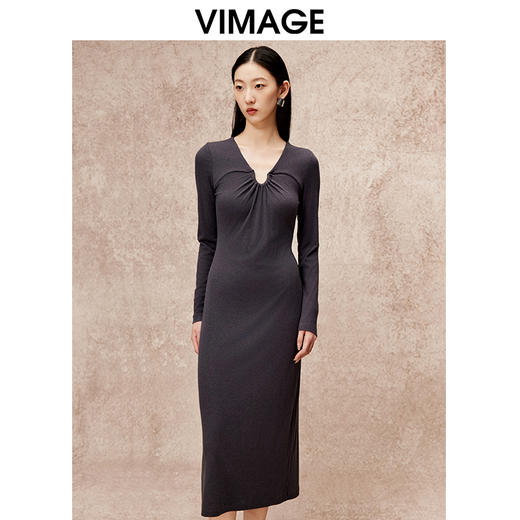 VIMAGE纬漫纪气质女神风弹力垂坠显瘦长款修身连衣裙秋季新款V2207819 商品图3