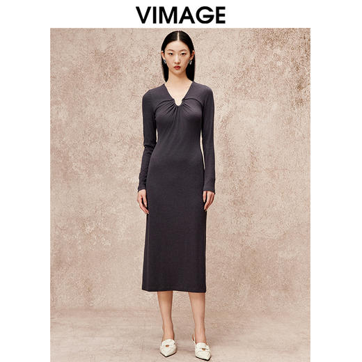 VIMAGE纬漫纪气质女神风弹力垂坠显瘦长款修身连衣裙秋季新款V2207819 商品图5