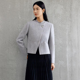 玳莎斜襟设计圆领双面呢外套女2024秋季新款简约气质羊毛短款大衣  EC37309