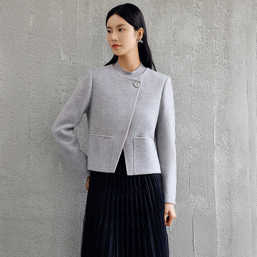 玳莎斜襟设计圆领双面呢外套女2024秋季新款简约气质羊毛短款大衣  EC37309 商品图0
