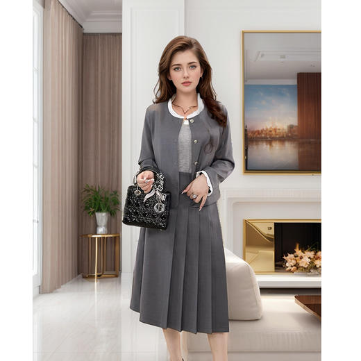 9/1奢姿大码女装2024秋季木耳领气质百褶两件套胖妹妹时尚简约套装9943930008 商品图2