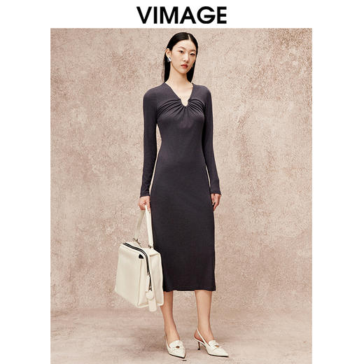 VIMAGE纬漫纪气质女神风弹力垂坠显瘦长款修身连衣裙秋季新款V2207819 商品图2