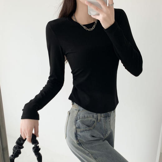 圆领纯欲风松紧收腰 纯色正肩T恤女 设计感辣妹t修身小蛮腰上衣打底衫 商品图3