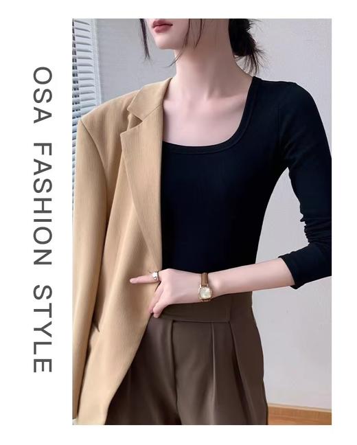 七夕福利-NO退  高弹且有坠感！！螺纹莫代尔弹力棉！66方领长袖T恤新款锁骨正肩高弹修身打底衫-喜出 商品图1