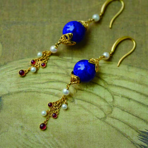 龢盒原创 半山青黛，色如深夜 精品青金石圆珠流苏耳坠耳环 商品图1