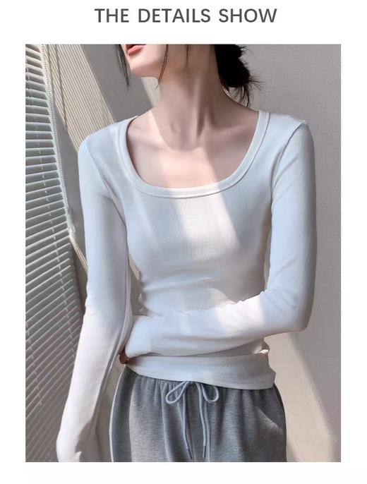 七夕福利-NO退  高弹且有坠感！！螺纹莫代尔弹力棉！66方领长袖T恤新款锁骨正肩高弹修身打底衫-喜出 商品图5