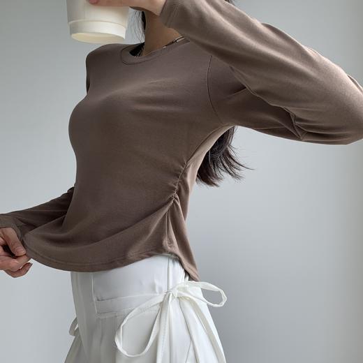 圆弧下摆圆领纯欲风松紧收腰纯色正肩女修身小蛮腰上衣打底衫显瘦 商品图2