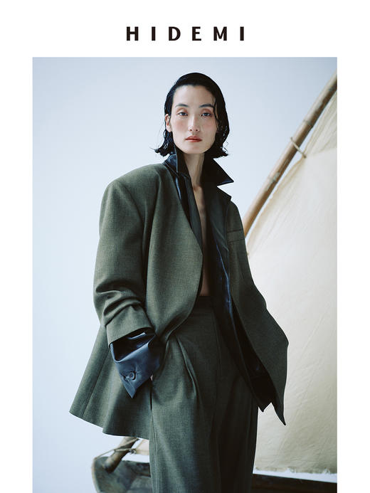 HIDEMI 沙漠枯米黄色v领宽肩垫肩宽松廓形男朋友式西装外套 商品图1