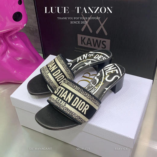 D家 新款一字拖女鞋 CD字母logo立体刺绣 圆头粗跟凉鞋(LH) 商品图4