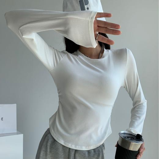 圆弧下摆圆领纯欲风松紧收腰纯色正肩女修身小蛮腰上衣打底衫显瘦 商品图1