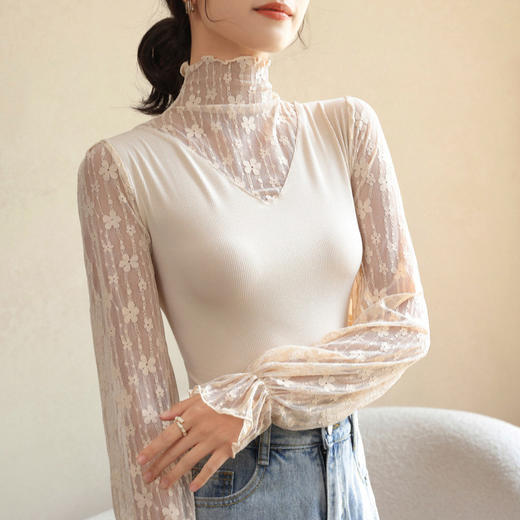 网纱蕾丝打底衫女2024新款春秋款内搭修身洋气长袖上衣简约洋气气质百搭体恤衫 商品图3
