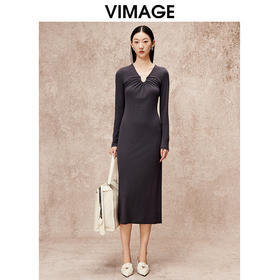 VIMAGE纬漫纪气质女神风弹力垂坠显瘦长款修身连衣裙秋季新款V2207819