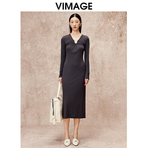 VIMAGE纬漫纪气质女神风弹力垂坠显瘦长款修身连衣裙秋季新款V2207819 商品图0