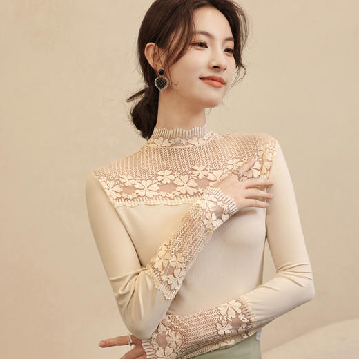 2024秋冬新款网纱蕾丝女洋气长袖半高领上衣半高领叠穿内搭打底衫 商品图3