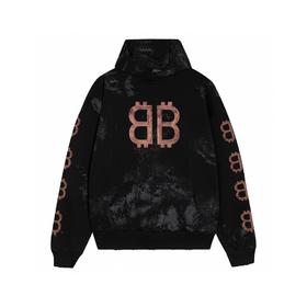 -BALENCI*GA巴黎**家  重磅款#泥巴做旧手绘双B连帽卫衣（Y*BG）