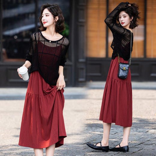 新品针织衫吊带连衣裙套装，显瘦女人味百搭裙HR-YF9682 商品图0