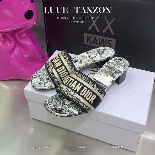 D家 新款一字拖女鞋 CD字母logo立体刺绣 圆头粗跟凉鞋(LH) 商品图1