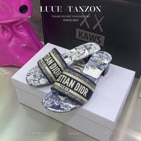 D家 新款一字拖女鞋 CD字母logo立体刺绣 圆头粗跟凉鞋(LH)