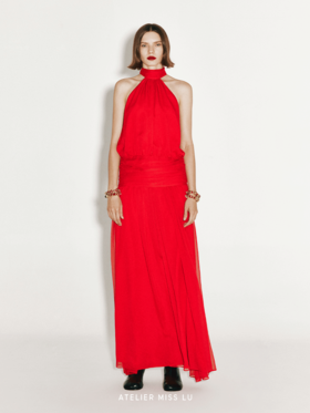 【雅典娜】飘逸多层设计挂脖低腰礼服长裙