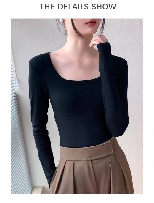 七夕福利-NO退  高弹且有坠感！！螺纹莫代尔弹力棉！66方领长袖T恤新款锁骨正肩高弹修身打底衫-喜出 商品图3