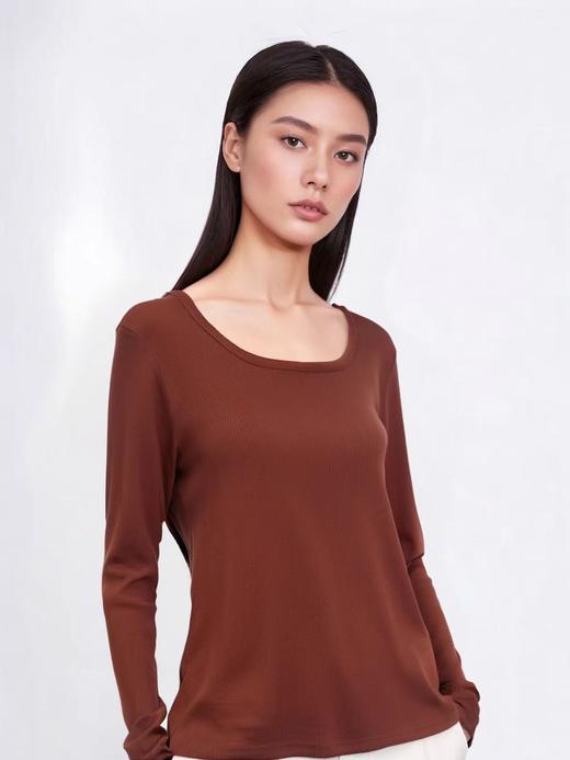 七夕福利-NO退  高弹且有坠感！！螺纹莫代尔弹力棉！66方领长袖T恤新款锁骨正肩高弹修身打底衫-喜出 商品图4