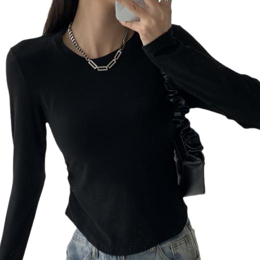 圆弧下摆圆领纯欲风松紧收腰纯色正肩女修身小蛮腰上衣打底衫显瘦 商品图4