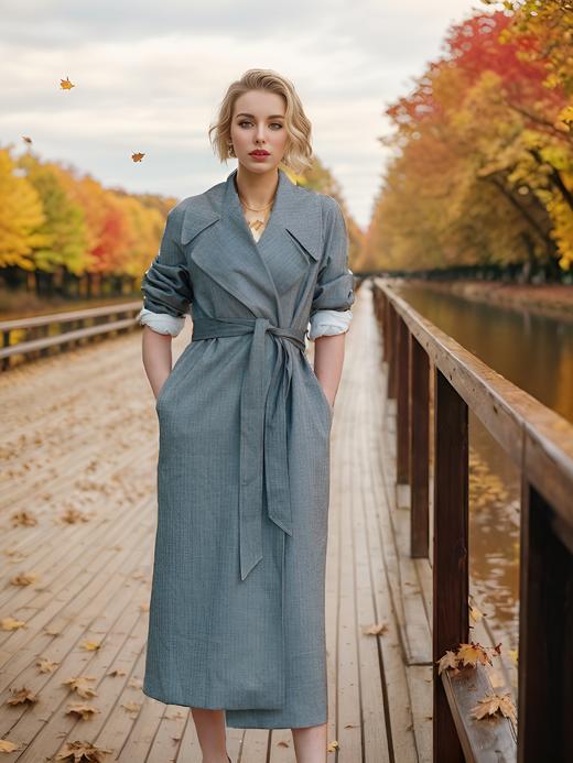 插肩袖大翻领超长系腰带款风衣 商品图0