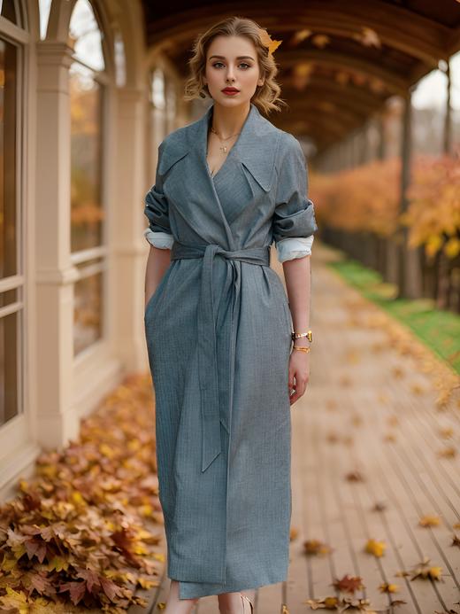 插肩袖大翻领超长系腰带款风衣 商品图2