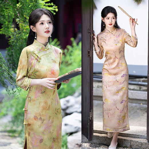 SYK21928新款花罗长款七分袖旗袍复古国风旗袍 商品图0