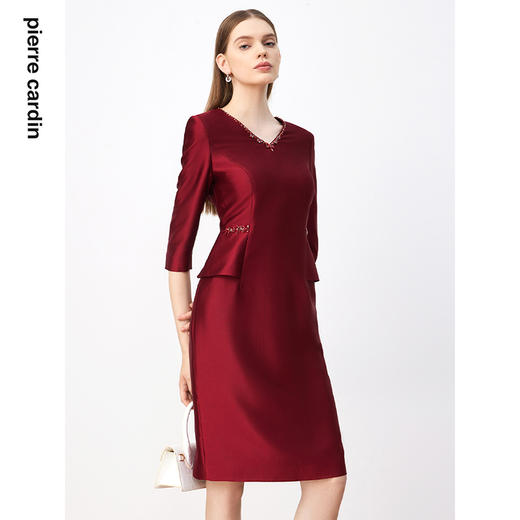 皮尔卡丹女装连衣裙酒红色缎面亮面醋酸气质高贵裙子P3308E3971R0 商品图4