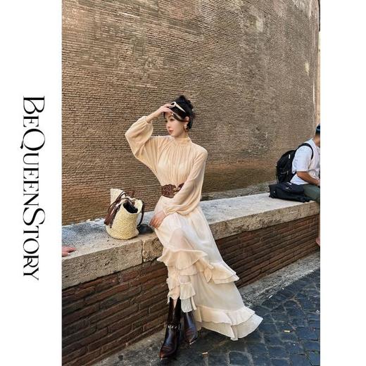 【孤品样衣，不退不换】【法奢大女主】轻薄飘逸宽松飘带设计串珠荷叶边连衣裙 商品图3