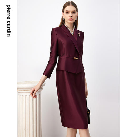 皮尔卡丹女装连衣裙酒红色缎面高贵醋酸假两件西服裙P3308E3983T0 商品图4