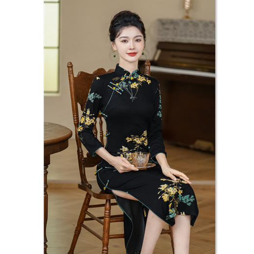 SKY 281926复古中国风长款七分袖弹力旗袍 商品图3