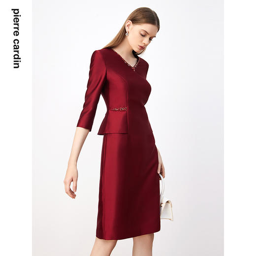 皮尔卡丹女装连衣裙酒红色缎面亮面醋酸气质高贵裙子P3308E3971R0 商品图1