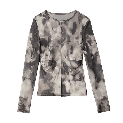 西嘉C+IMPRESS/西嘉裸感醋酸网纱 长袖打底衫女24秋装新款显瘦印花T恤(货号:T2403031) 商品图4