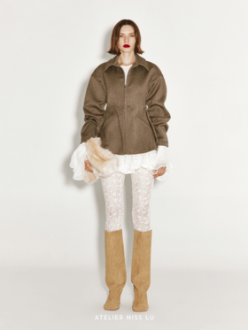 【艾尔温】廓形下摆绵羊毛收腰拉链外套