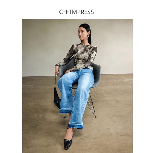 西嘉C+IMPRESS/西嘉裸感醋酸网纱 长袖打底衫女24秋装新款显瘦印花T恤(货号:T2403031) 商品图1