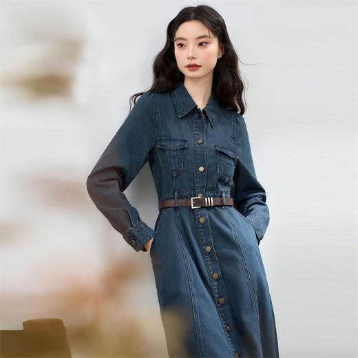西遇长袖牛仔连衣裙女新款翻领港风复古收腰A字长裙13442547 商品图3
