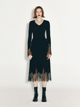 【一片夜云】加长睫毛蕾丝拼接羊绒羊毛混纺上衣