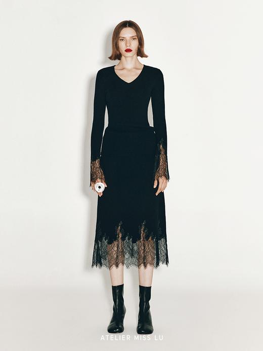 【一片夜云】加长睫毛蕾丝拼接羊绒羊毛混纺上衣 商品图0