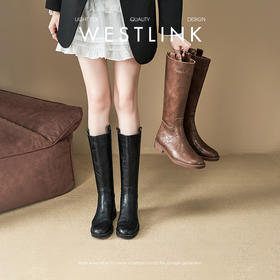 西遇厚底长筒靴女新款秋冬美拉德棕色西部靴子显瘦不过膝长靴V3547548