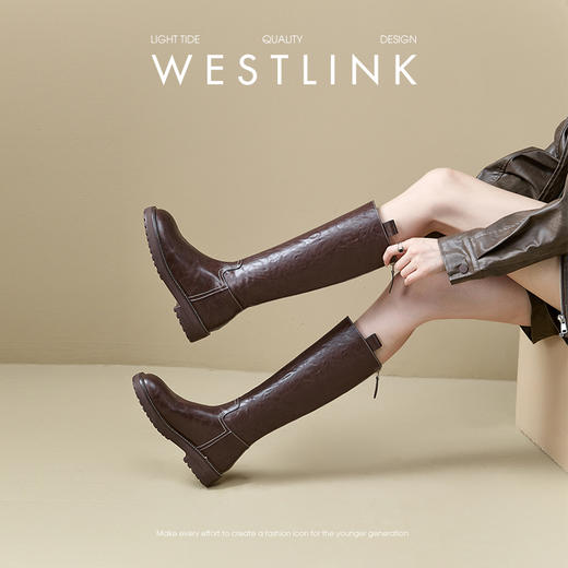 西遇英伦风长筒靴女新款秋冬复古显瘦褶皱黑色长靴厚底骑士靴D3547519 商品图1