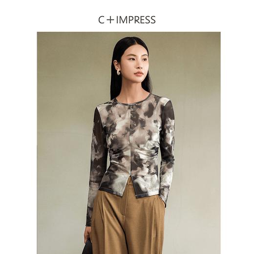西嘉C+IMPRESS/西嘉裸感醋酸网纱 长袖打底衫女24秋装新款显瘦印花T恤(货号:T2403031) 商品图2