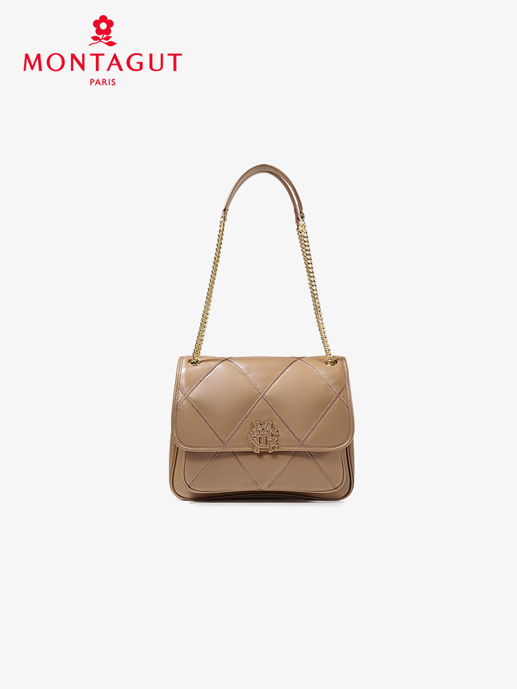 法国梦特娇羊皮时尚菱格单肩通勤斜挎包