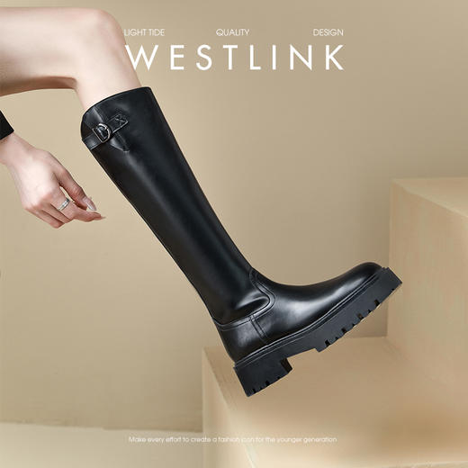 西遇英伦风骑士靴女新款秋冬圆头长筒靴不过膝厚底高筒长靴子D3547518 商品图0