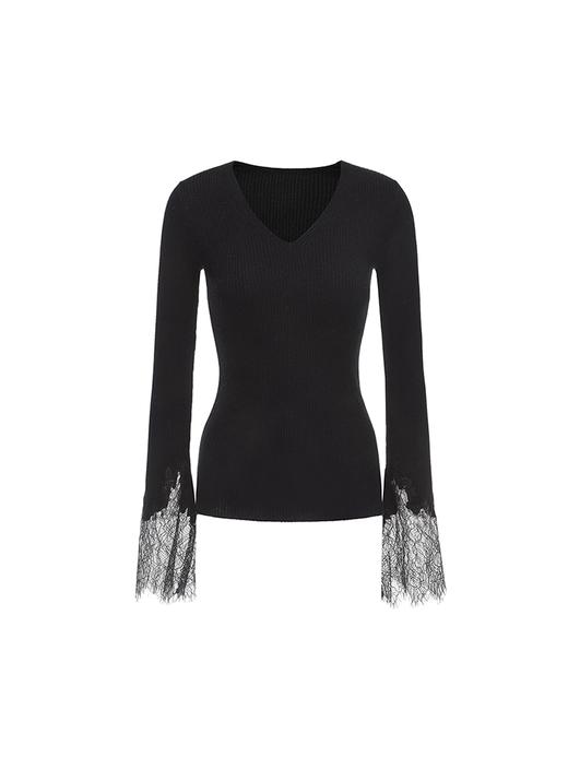 【一片夜云】加长睫毛蕾丝拼接羊绒羊毛混纺上衣 商品图4