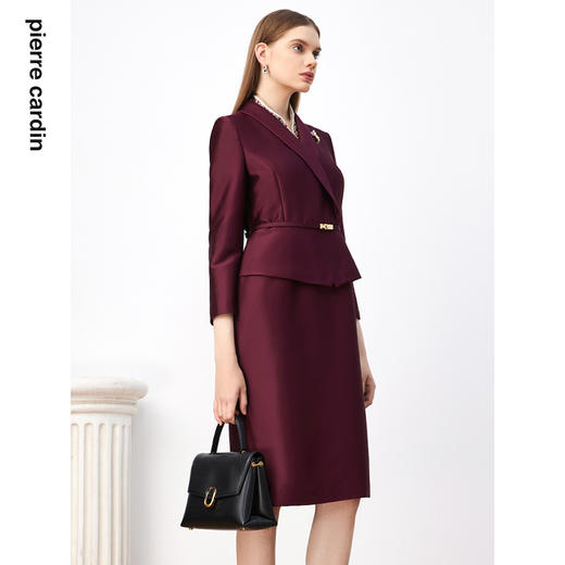 皮尔卡丹女装连衣裙酒红色缎面高贵醋酸假两件西服裙P3308E3983T0 商品图1