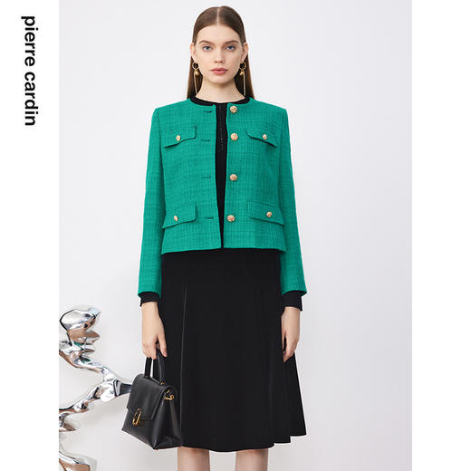 皮尔卡丹女装西装秋短款气质名媛通勤绿色小香风外套P3366U3929G0
 商品图0