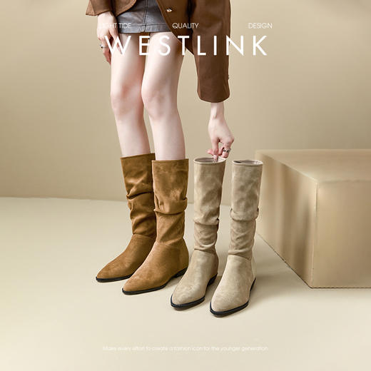 西遇尖头堆堆靴女新款秋冬绒面美拉德西部牛仔靴子棕色长筒靴D3547521 商品图0