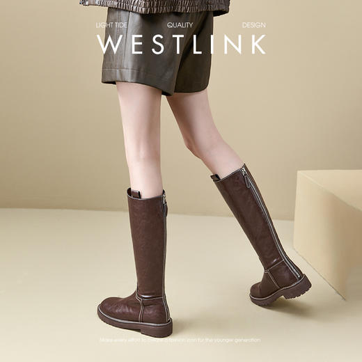 西遇英伦风长筒靴女新款秋冬复古显瘦褶皱黑色长靴厚底骑士靴D3547519 商品图3